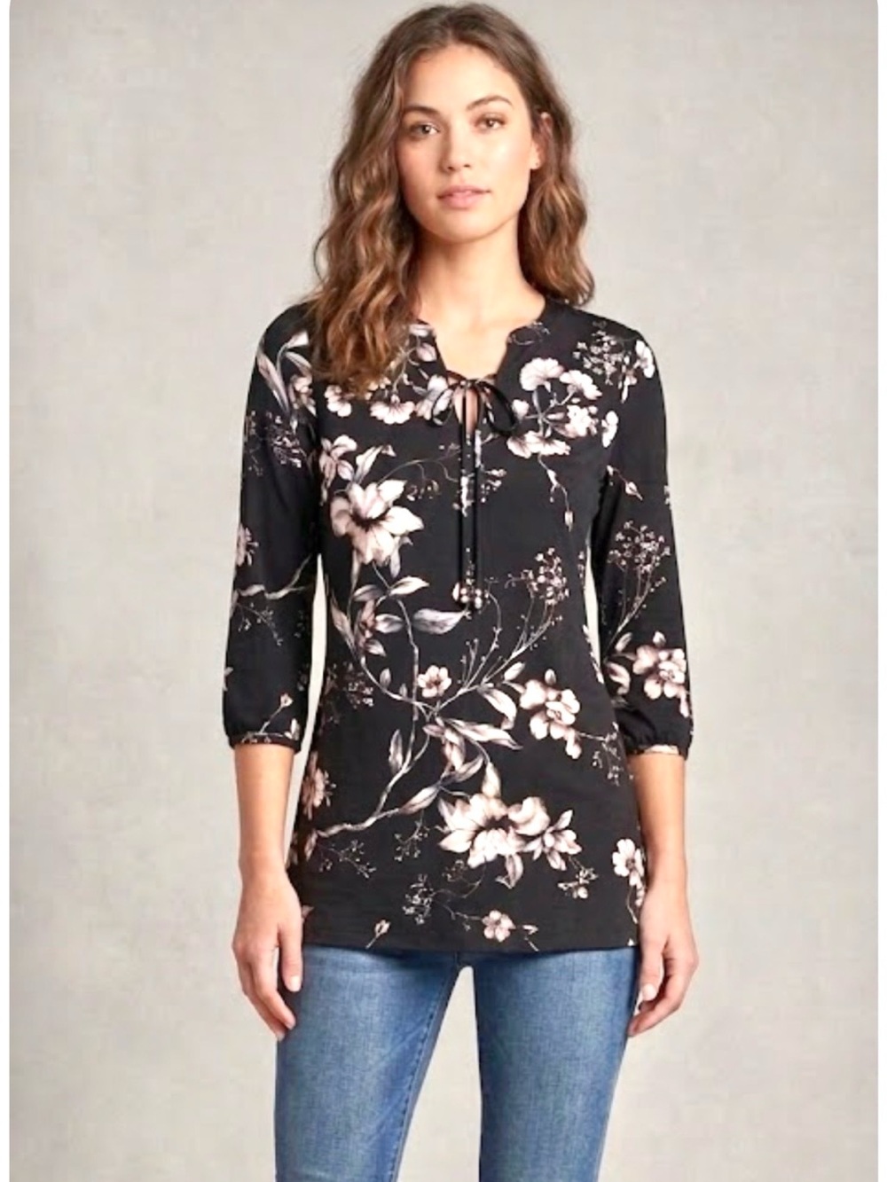 WHBM BLACK WITH PINK BLUSH FLORAL TUNIC